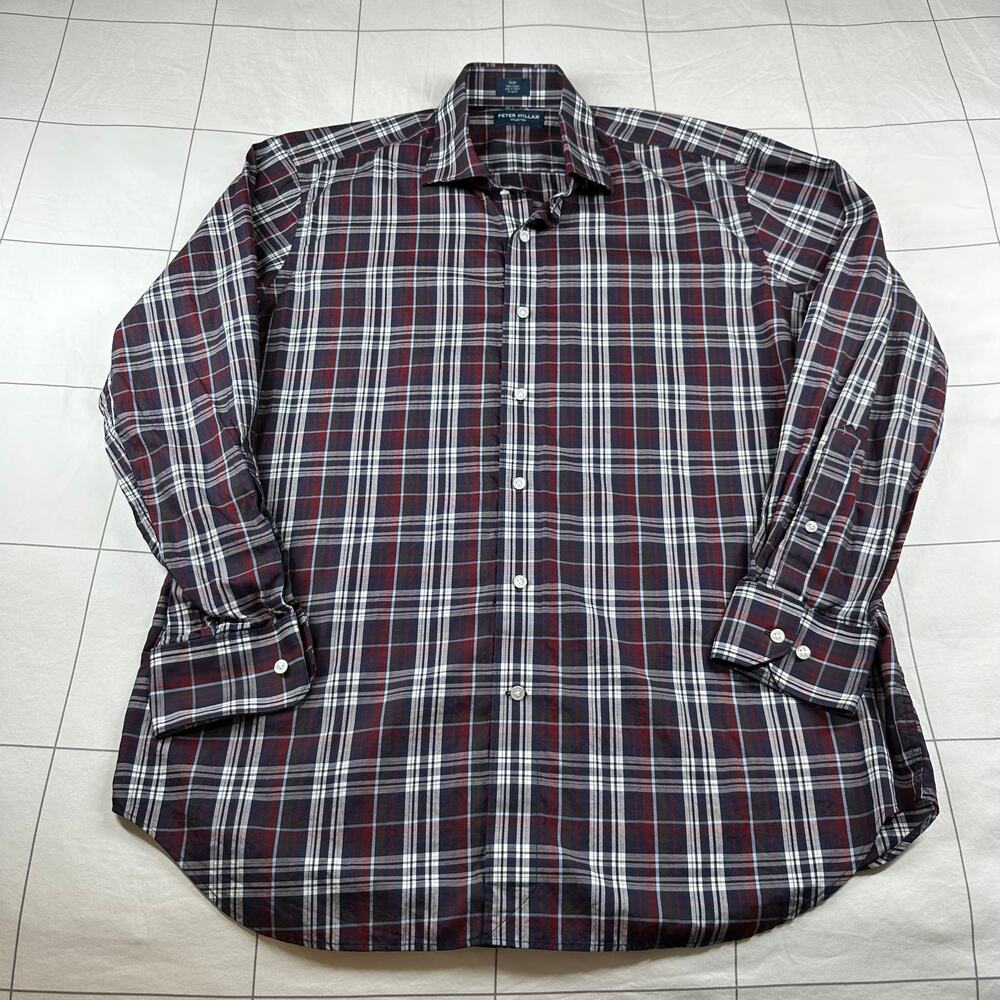 Peter Millar Collection Shirt Mens Large Blue Red Plaid Button Up Cotton Classic